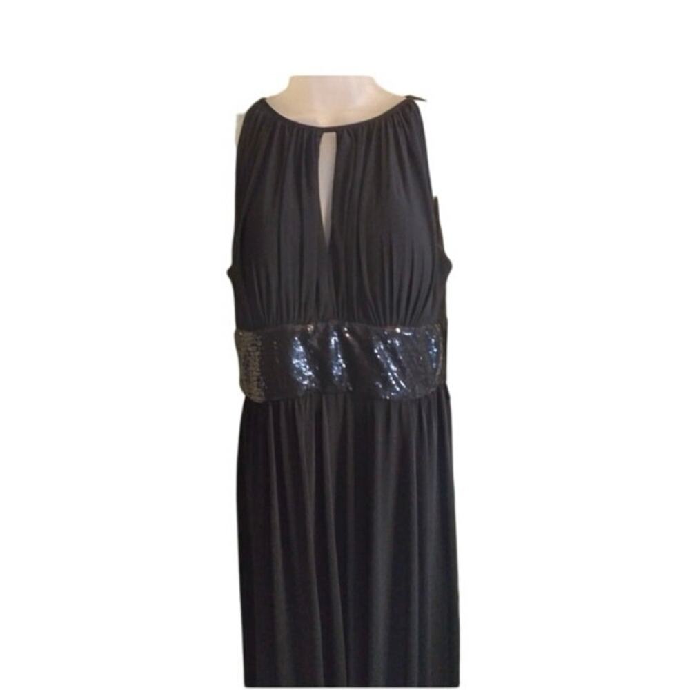 R&M Richards Formal Black Sequin Waist Peephole Neck Stretch 16 W Dress